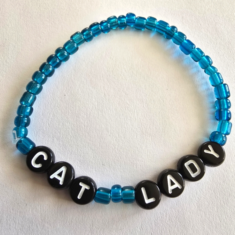 Cat Lady bracelet teal blue stretch handmade beaded word friendship jewelry
